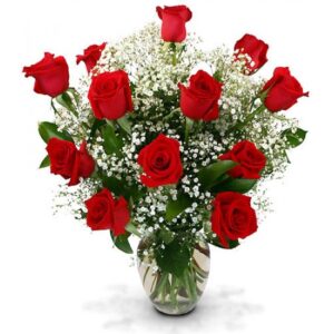 One Dozen (12) Imported Red Roses in Vase
